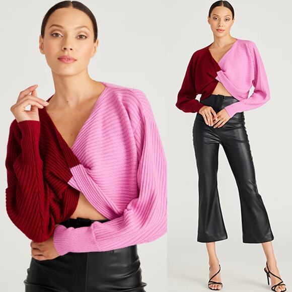 NWT Amur Cruz Twist Cropped V-Neck Cranberry Red & Pink Ribbed Sweater - Picture 1 of 8